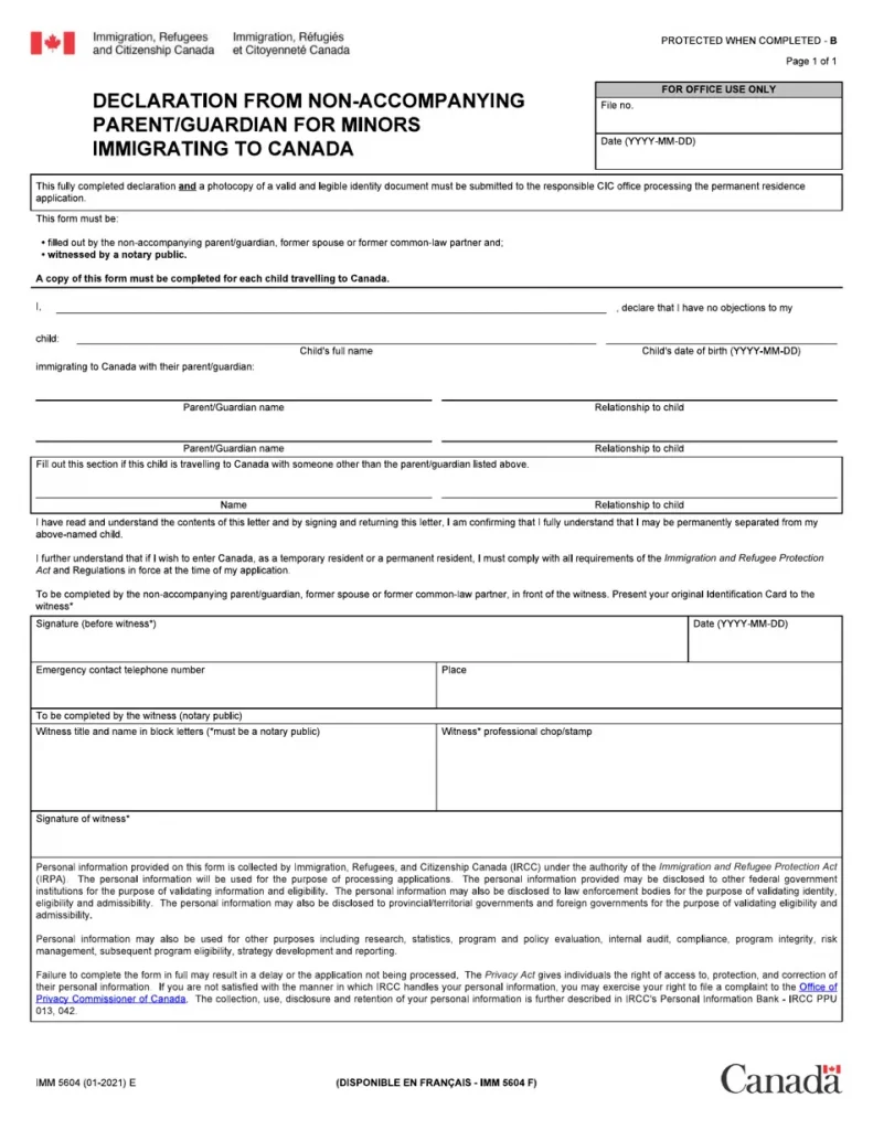 form nhap canh canada